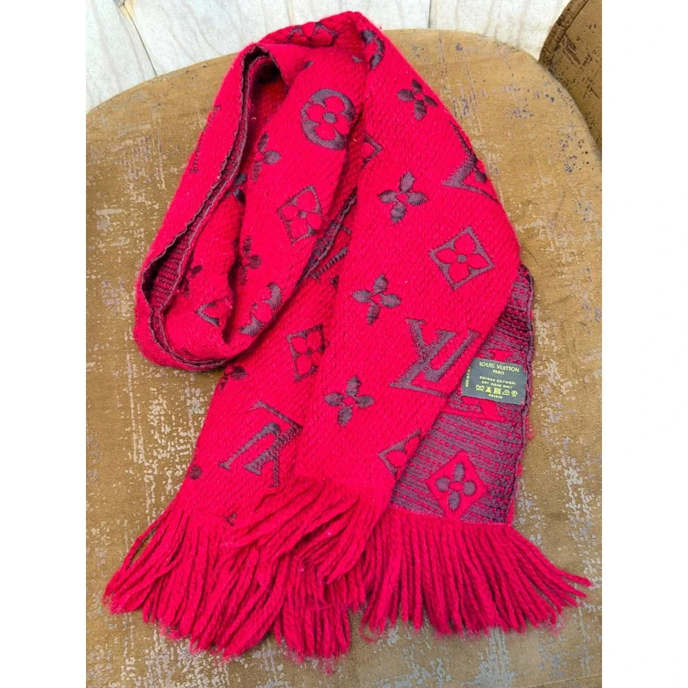 Louis Vuitton Logomania Scarf Ruby Red Purple Silk Wool Monogram Made in Italy